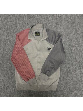 Sacred Crown Zippered Jacket Mens Large Gray Red Black Striped Sleeve Streetwear